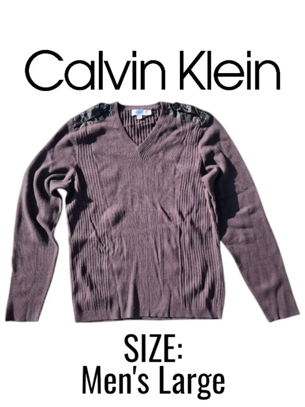 Calvin Klein Ribbed V-Neck Black Sweater Size Men's Large L with Shoulder Detail